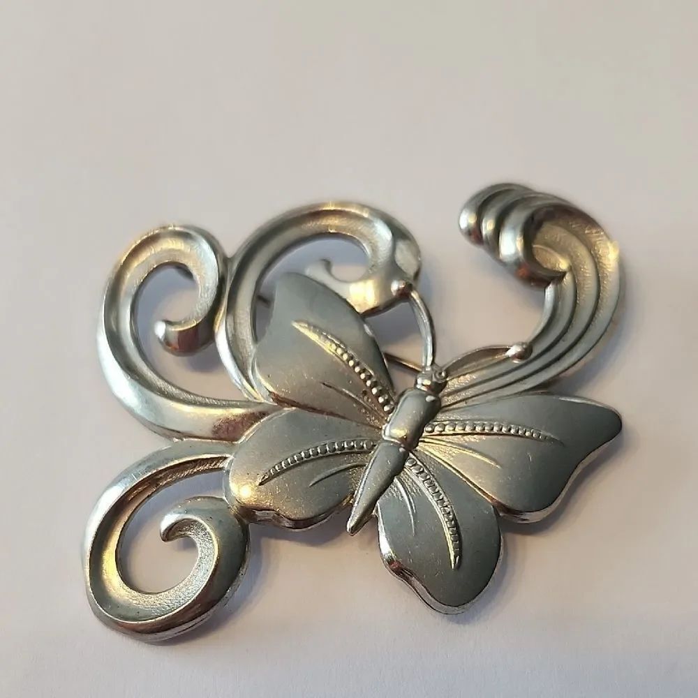 Vintage Butterfly Pin Brooch 2.25" Swirling Branches in Silver Tone